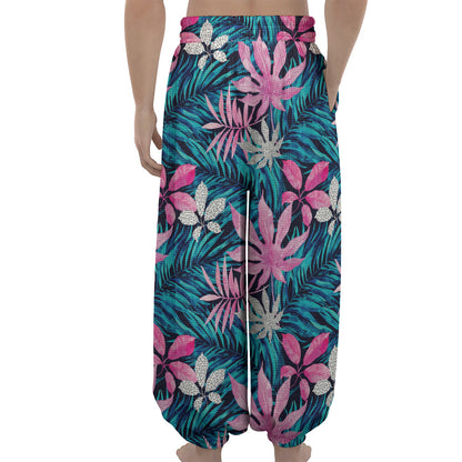 Blue And Pink Watercolor Hawaiian Print Lantern Pants