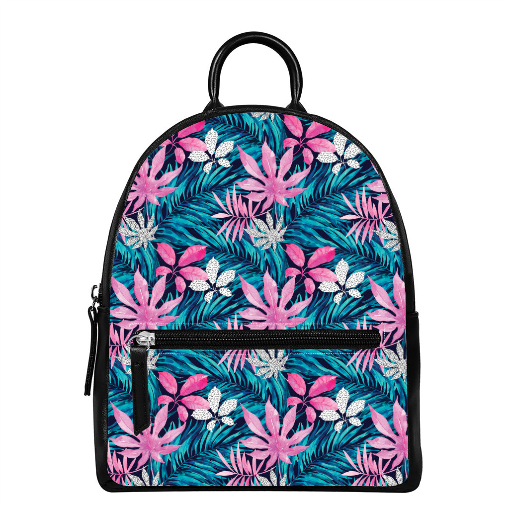 Blue And Pink Watercolor Hawaiian Print Leather Backpack