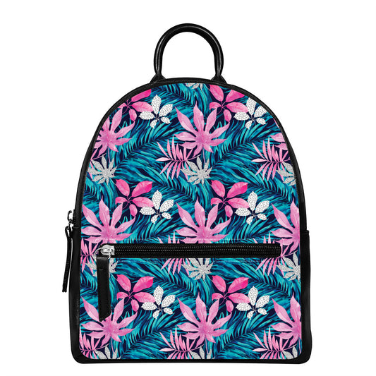 Blue And Pink Watercolor Hawaiian Print Leather Backpack