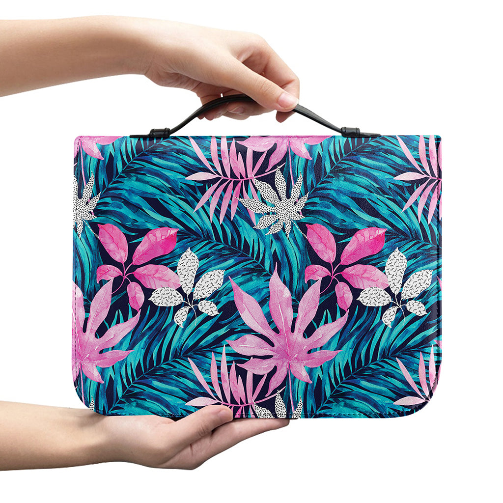 Blue And Pink Watercolor Hawaiian Print Leather Bible Cover