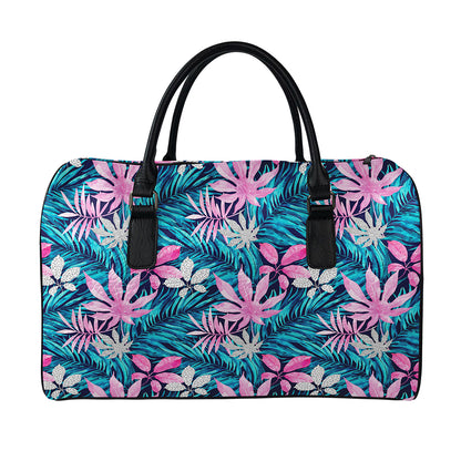 Blue And Pink Watercolor Hawaiian Print Leather Duffle Bag