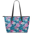 Blue And Pink Watercolor Hawaiian Print Leather Tote Bag With Zipper