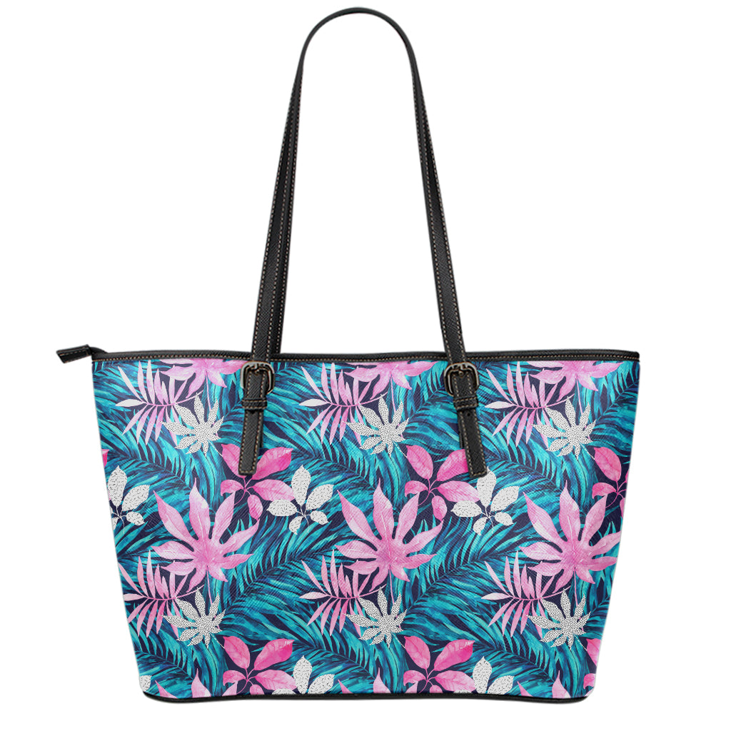 Blue And Pink Watercolor Hawaiian Print Leather Tote Bag