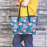 Blue And Pink Watercolor Hawaiian Print Leather Tote Bag