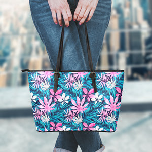 Blue And Pink Watercolor Hawaiian Print Leather Tote Bag