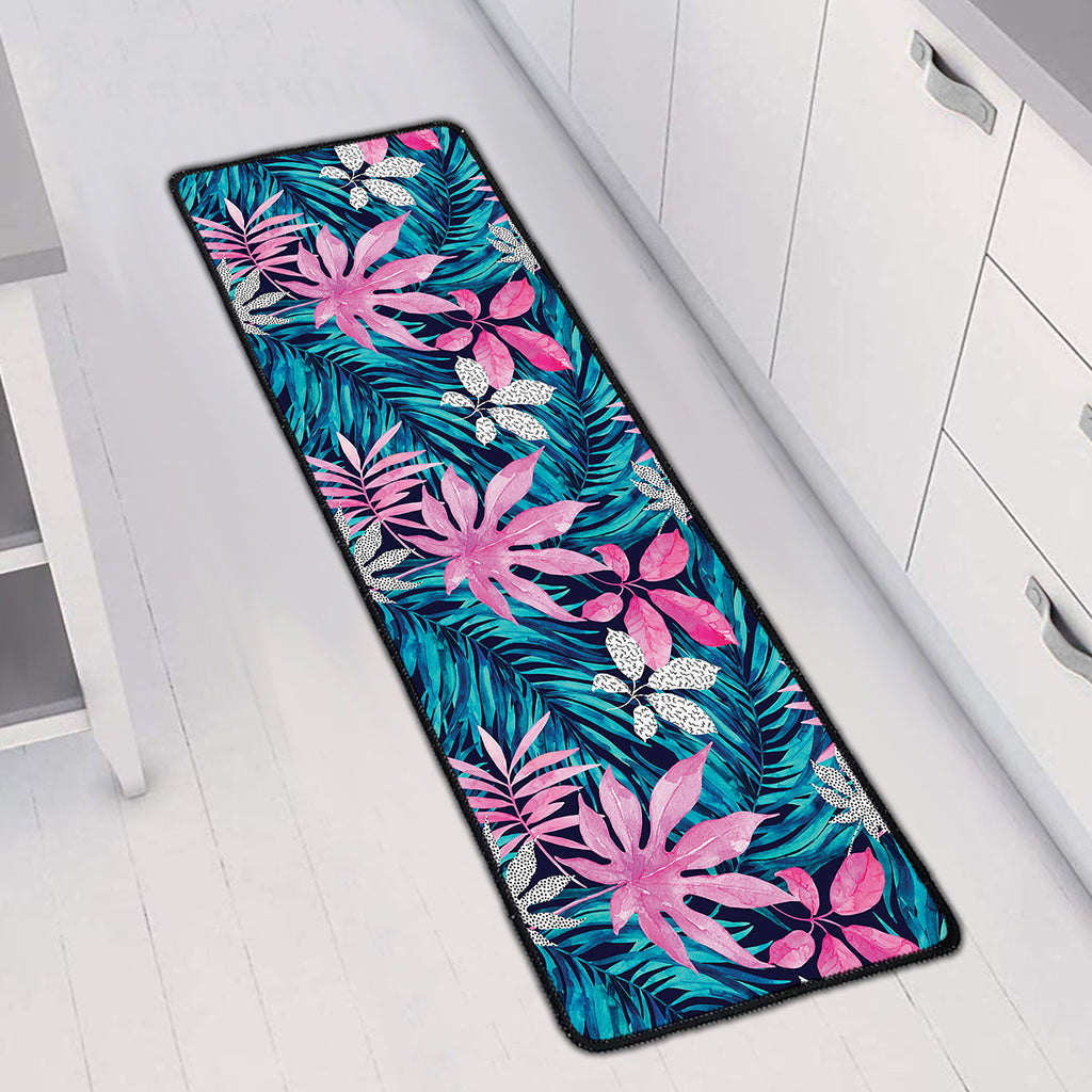 Blue And Pink Watercolor Hawaiian Print Long Kitchen Mat