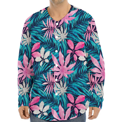 Blue And Pink Watercolor Hawaiian Print Long Sleeve Baseball Jersey