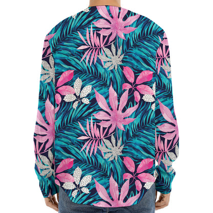 Blue And Pink Watercolor Hawaiian Print Long Sleeve Baseball Jersey