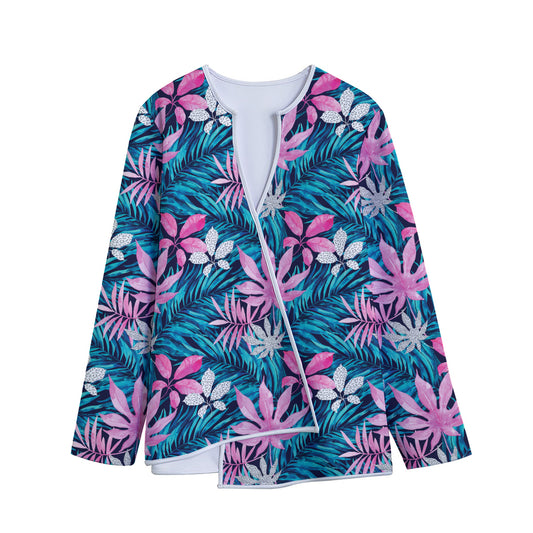 Blue And Pink Watercolor Hawaiian Print Long Sleeve Short Coat