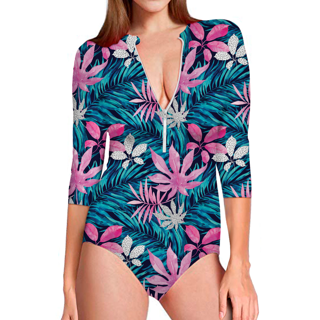 Blue And Pink Watercolor Hawaiian Print Long Sleeve Swimsuit