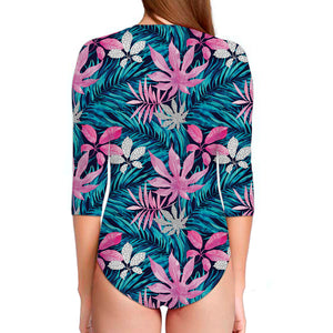 Blue And Pink Watercolor Hawaiian Print Long Sleeve Swimsuit