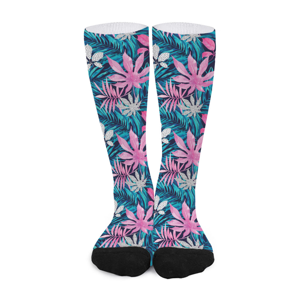 Blue And Pink Watercolor Hawaiian Print Long Socks
