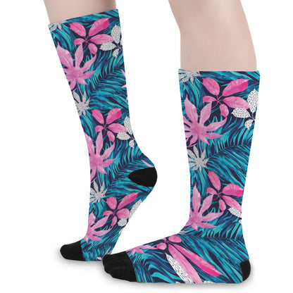 Blue And Pink Watercolor Hawaiian Print Long Socks
