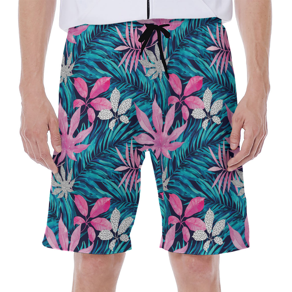 Blue And Pink Watercolor Hawaiian Print Men's Beach Shorts