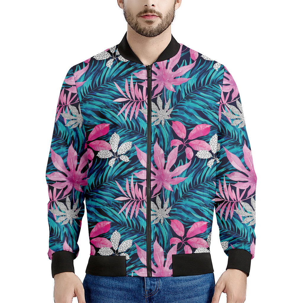 Blue And Pink Watercolor Hawaiian Print Men's Bomber Jacket