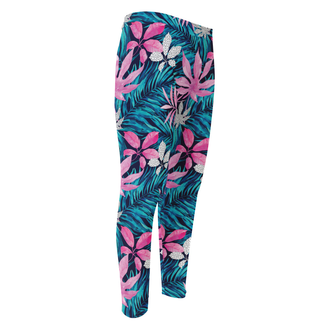 Blue And Pink Watercolor Hawaiian Print Men's Compression Pants