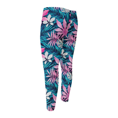 Blue And Pink Watercolor Hawaiian Print Men's Compression Pants
