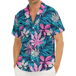 Blue And Pink Watercolor Hawaiian Print Men's Deep V-Neck Shirt