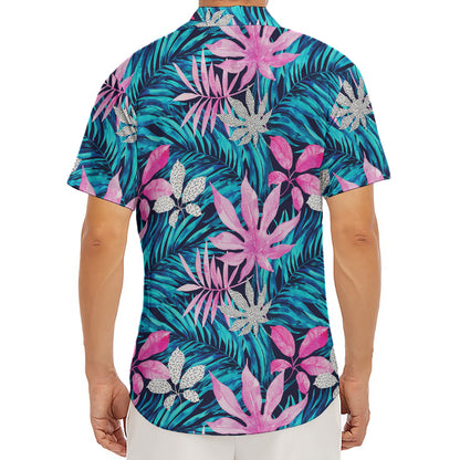 Blue And Pink Watercolor Hawaiian Print Men's Deep V-Neck Shirt