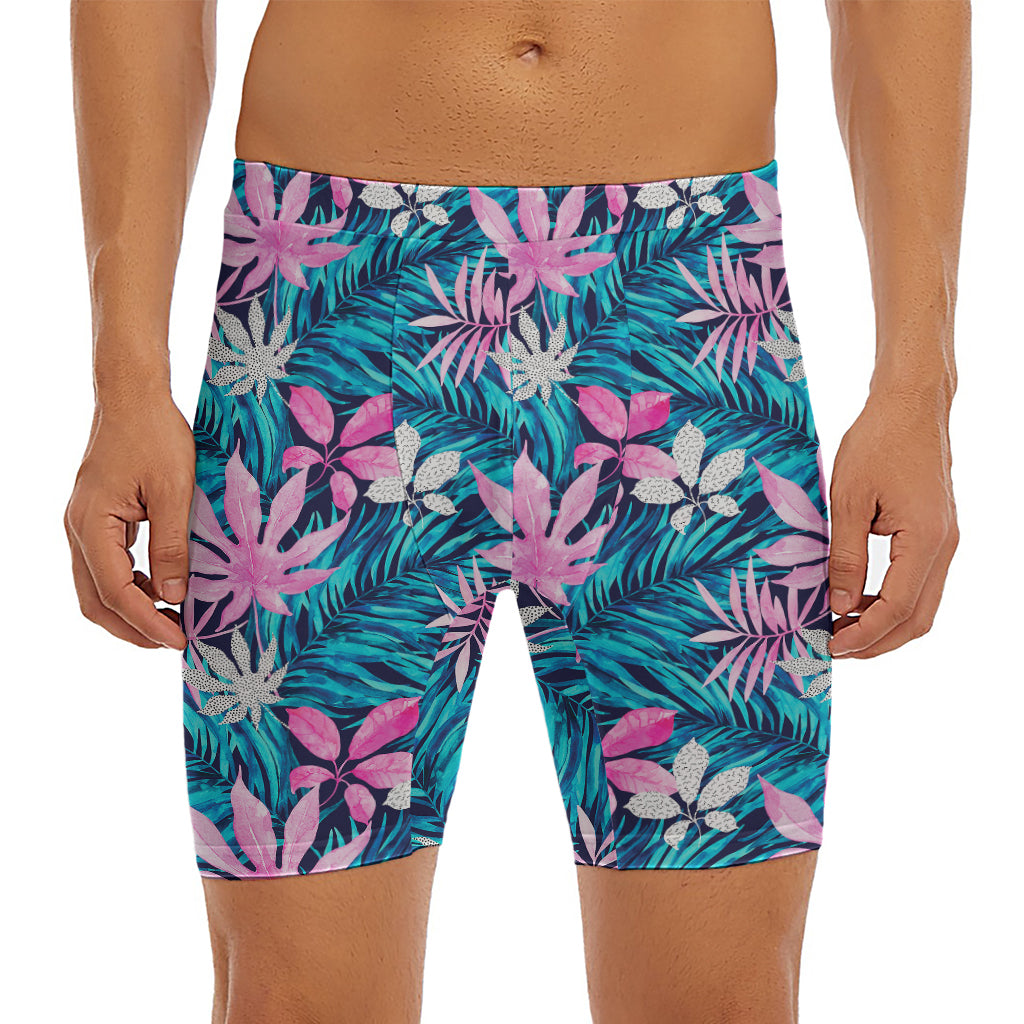 Blue And Pink Watercolor Hawaiian Print Men's Long Boxer Briefs