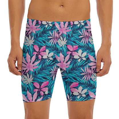 Blue And Pink Watercolor Hawaiian Print Men's Long Boxer Briefs