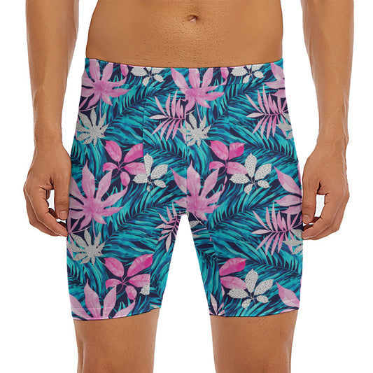 Blue And Pink Watercolor Hawaiian Print Men's Long Boxer Briefs