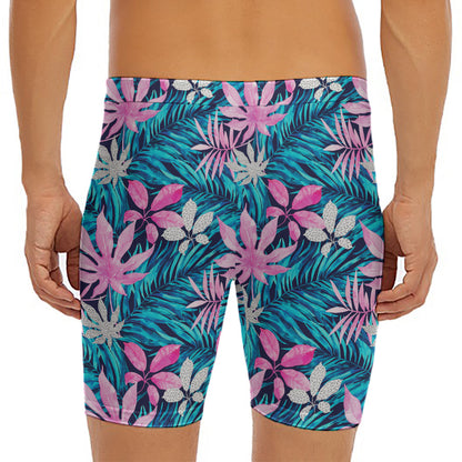 Blue And Pink Watercolor Hawaiian Print Men's Long Boxer Briefs