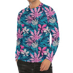 Blue And Pink Watercolor Hawaiian Print Men's Long Sleeve Rash Guard