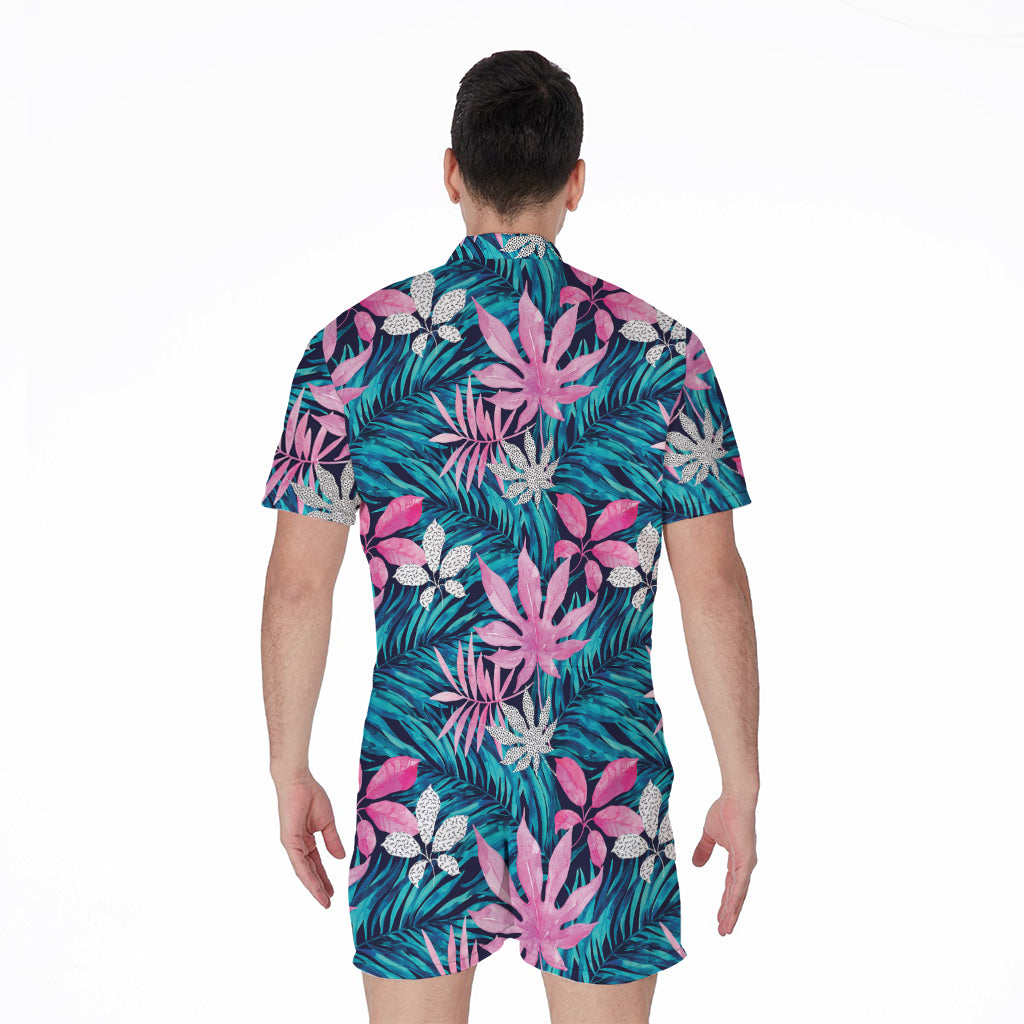Blue And Pink Watercolor Hawaiian Print Men's Rompers