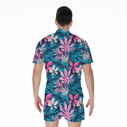Blue And Pink Watercolor Hawaiian Print Men's Rompers