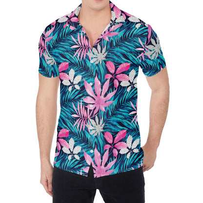 Blue And Pink Watercolor Hawaiian Print Men's Shirt