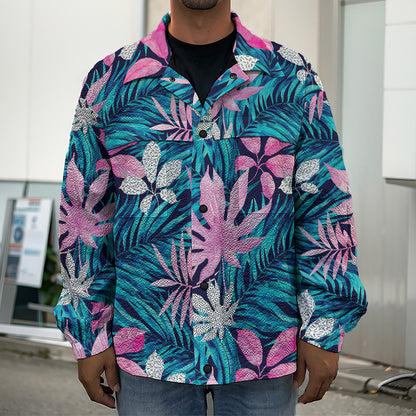 Blue And Pink Watercolor Hawaiian Print Men's Shirt Jacket