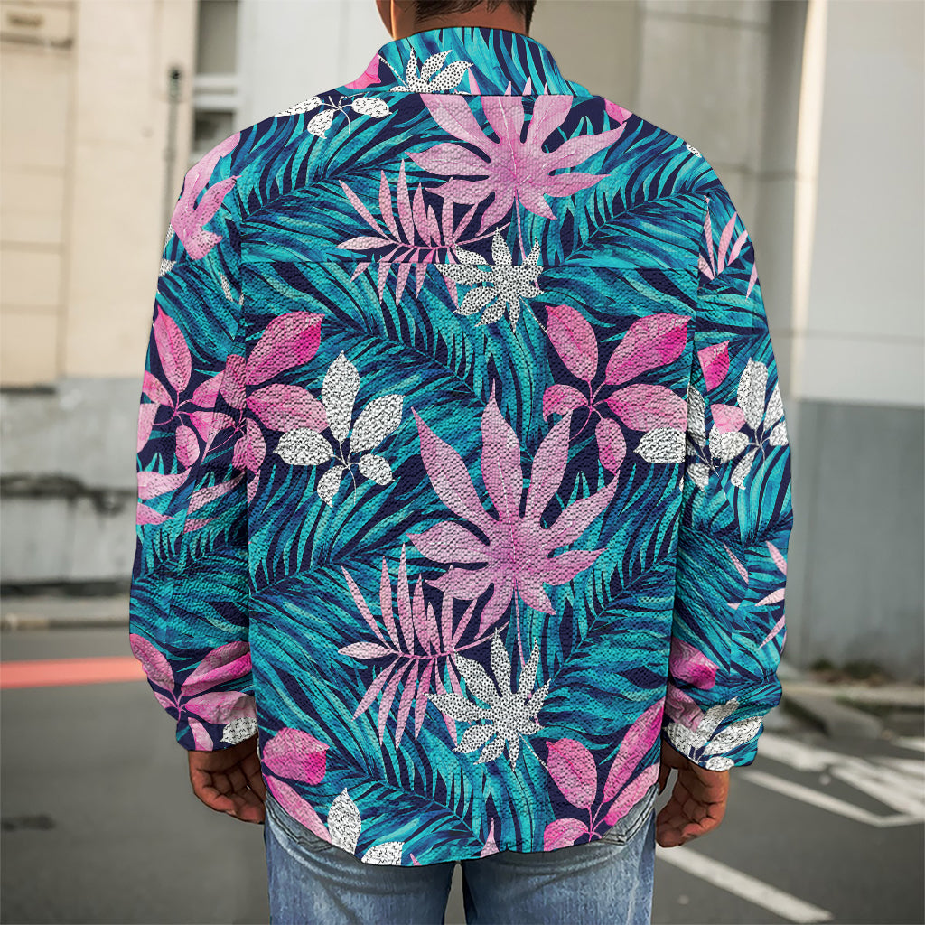 Blue And Pink Watercolor Hawaiian Print Men's Shirt Jacket