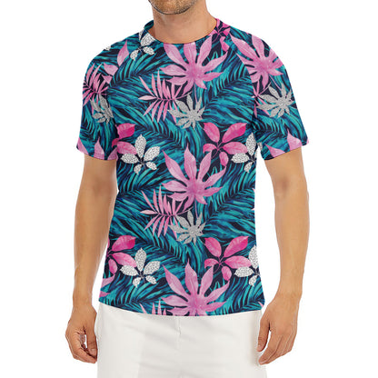 Blue And Pink Watercolor Hawaiian Print Men's Short Sleeve Rash Guard