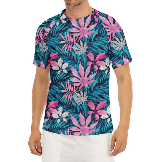 Blue And Pink Watercolor Hawaiian Print Men's Short Sleeve Rash Guard