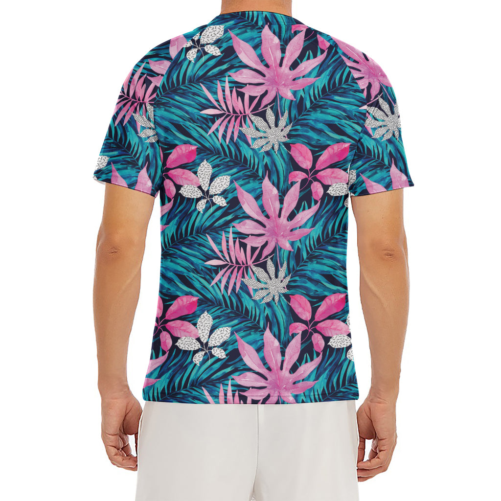 Blue And Pink Watercolor Hawaiian Print Men's Short Sleeve Rash Guard