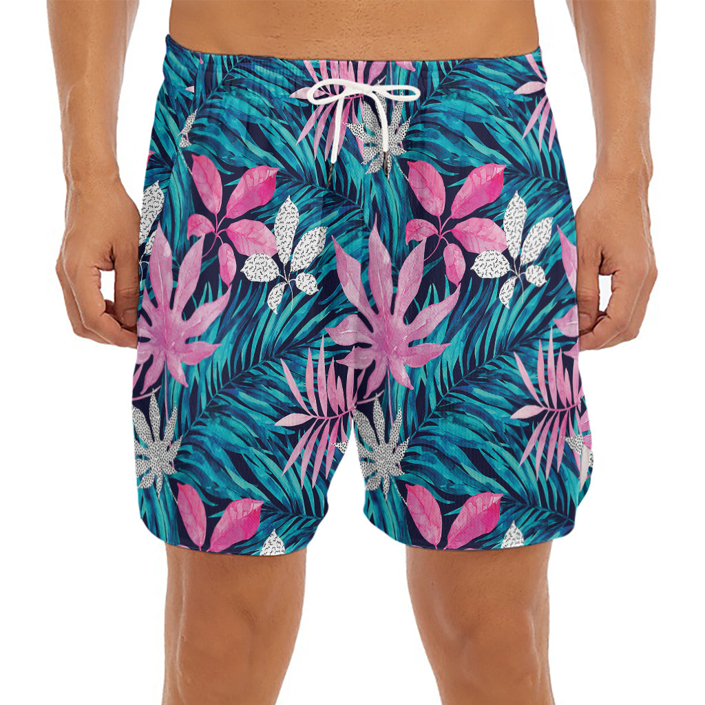 Blue And Pink Watercolor Hawaiian Print Men's Split Running Shorts