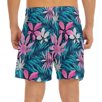 Blue And Pink Watercolor Hawaiian Print Men's Split Running Shorts