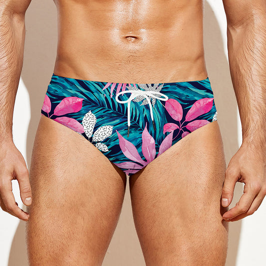 Blue And Pink Watercolor Hawaiian Print Men's Swim Briefs