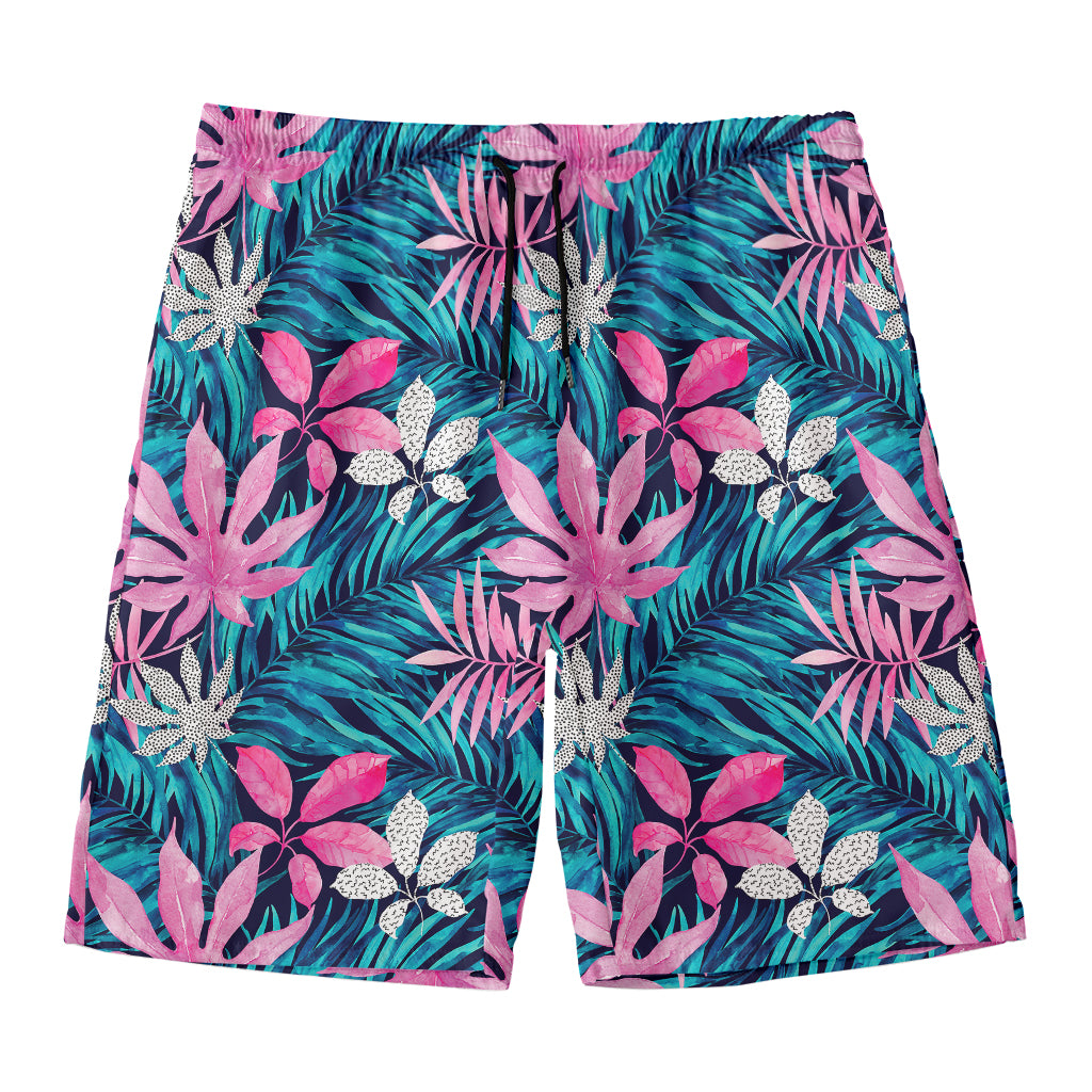 Blue And Pink Watercolor Hawaiian Print Men's Swim Trunks