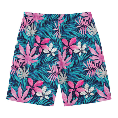 Blue And Pink Watercolor Hawaiian Print Men's Swim Trunks