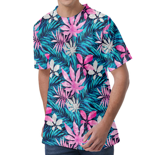 Blue And Pink Watercolor Hawaiian Print Men's Velvet T-Shirt