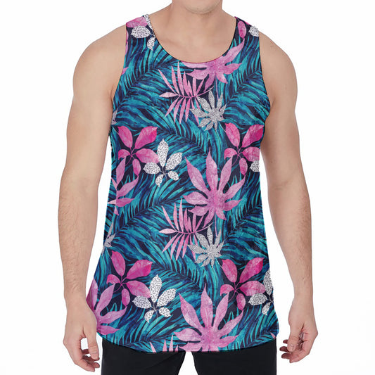 Blue And Pink Watercolor Hawaiian Print Men's Velvet Tank Top