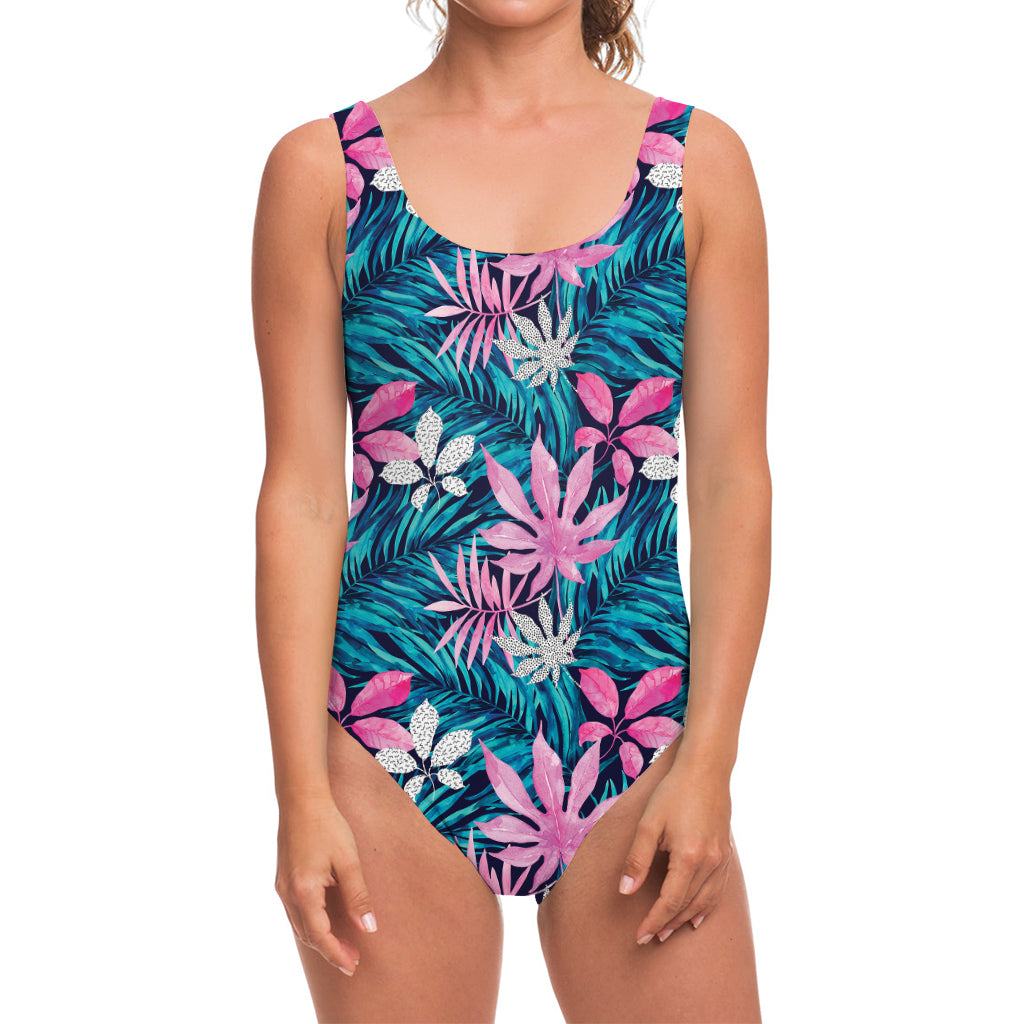 Blue And Pink Watercolor Hawaiian Print One Piece Swimsuit