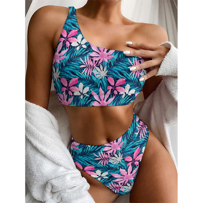 Blue And Pink Watercolor Hawaiian Print One Shoulder Bikini Top