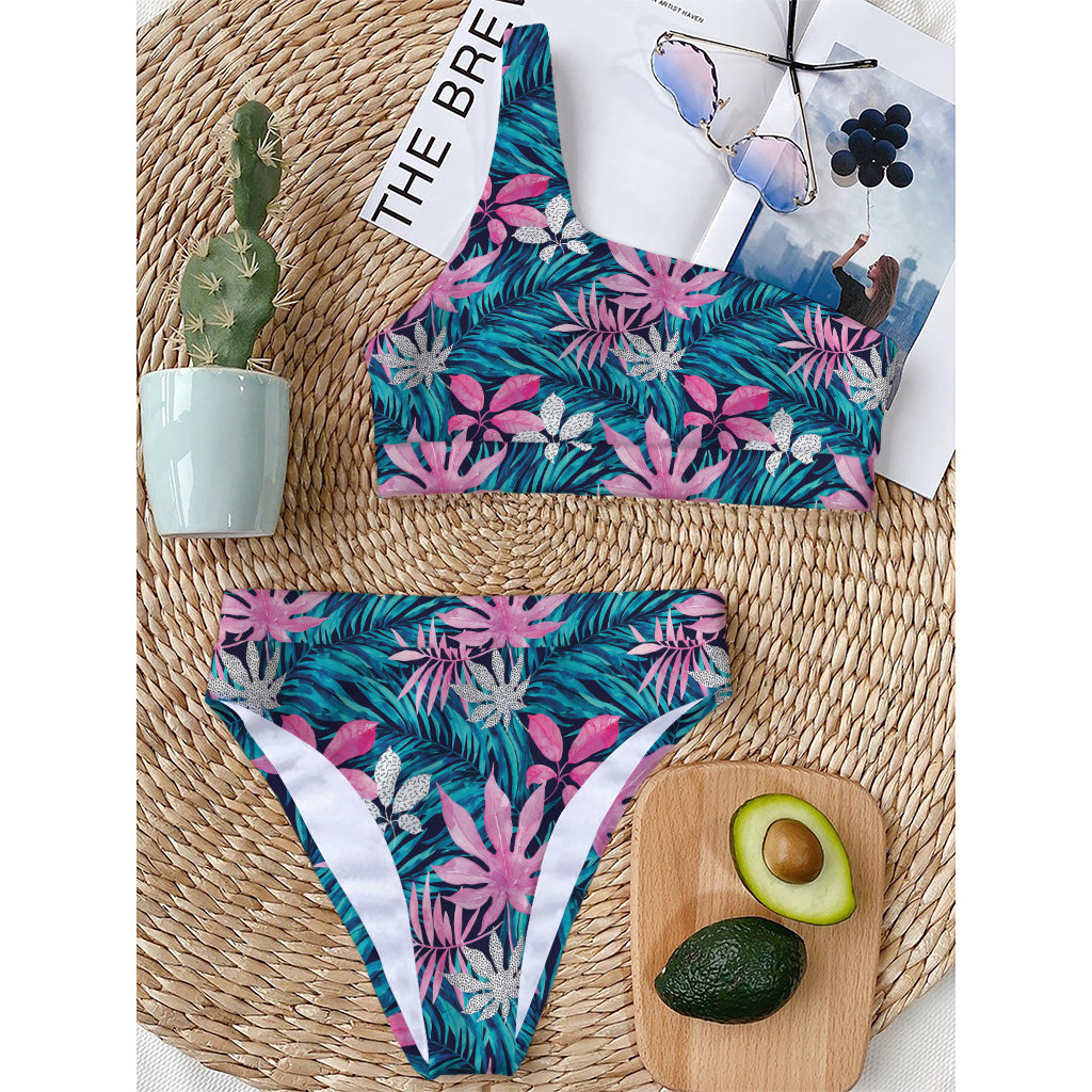 Blue And Pink Watercolor Hawaiian Print One Shoulder Bikini Top