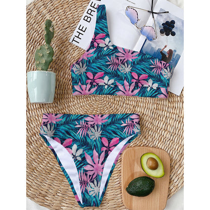 Blue And Pink Watercolor Hawaiian Print One Shoulder Bikini Top