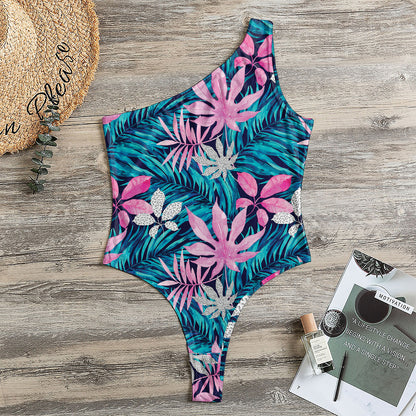 Blue And Pink Watercolor Hawaiian Print One Shoulder Bodysuit