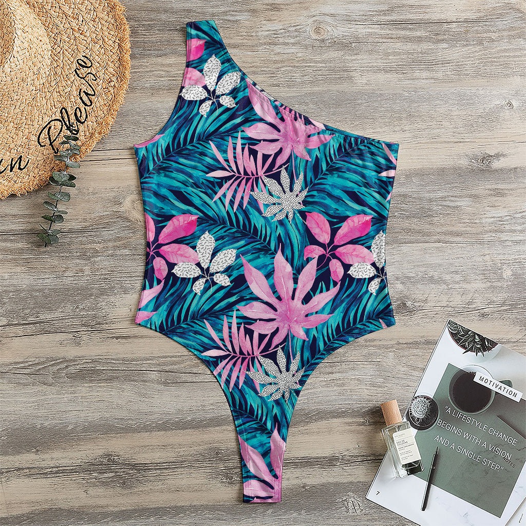 Blue And Pink Watercolor Hawaiian Print One Shoulder Bodysuit