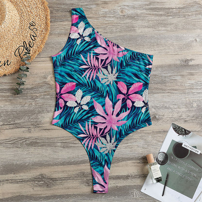 Blue And Pink Watercolor Hawaiian Print One Shoulder Bodysuit